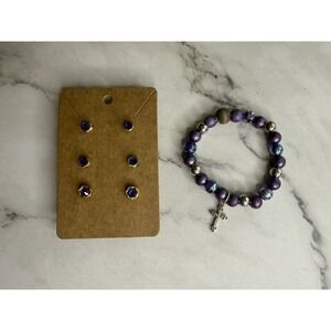 handmade beaded dangle earrings and bracelet set purple and silver tones